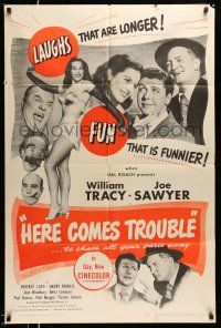 1y417 HERE COMES TROUBLE 1sh '48 sexy Beverly Loyd in gay, new Cinecolor!