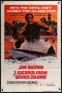 1y443 I ESCAPED FROM DEVIL'S ISLAND 1sh '73 cool art of Jim Brown swimming w/sharks!