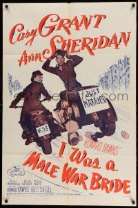 1y451 I WAS A MALE WAR BRIDE 1sh R53 cross-dresser Cary Grant & Ann Sheridan on motorcycle, Hawks