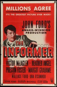 1y457 INFORMER 1sh R55 John Ford, great close up art of angry Victor McLaglen & Heather Angel!