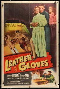 1y516 LEATHER GLOVES 1sh '48 boxing Cameron Mitchell takes a swing, holds Virginia Grey!