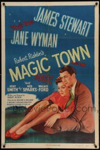 1y559 MAGIC TOWN style A 1sh '47 romantic close up of pollster James Stewart & pretty Jane Wyman!