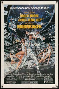 1y590 MOONRAKER 1sh '79 art of Roger Moore as James Bond in space by Daniel Goozee!