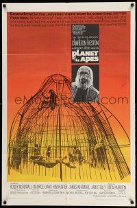 1y668 PLANET OF THE APES 1sh '68 Charlton Heston, classic sci-fi, cool art of caged humans!