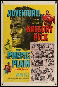1y696 PURPLE PLAIN 1sh '55 great artwork of Gregory Peck holding girl, written by Eric Ambler!