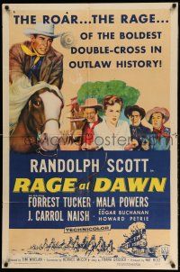 1y698 RAGE AT DAWN style A 1sh '55 cool artwork of outlaw hunter Randolph Scott, Mala Powers!