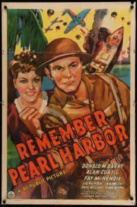 1y707 REMEMBER PEARL HARBOR 1sh '42 Donald Red Barry & Fay McKenzie are fightin' mad!