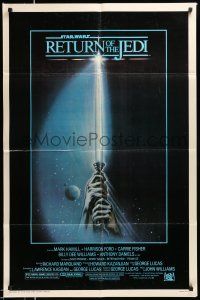 1y709 RETURN OF THE JEDI 1sh '83 George Lucas, art of hands holding lightsaber by Tim Reamer!