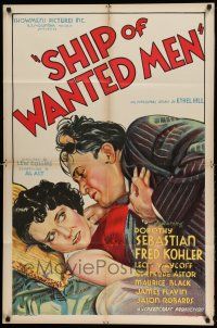 1y769 SHIP OF WANTED MEN 1sh '33 stone litho art of Dorothy Sebastian scared for her life!