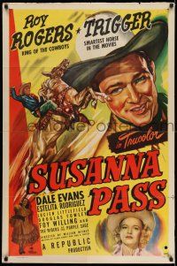 1y823 SUSANNA PASS 1sh '49 great art of Roy Rogers riding Trigger, plus sexy Dale Evans!