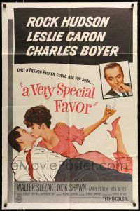 1y922 VERY SPECIAL FAVOR 1sh '65 Rock Hudson kisses sexy Leslie Caron, Charles Boyer!