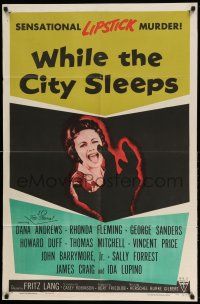 1y956 WHILE THE CITY SLEEPS style A 1sh '56 great image of Lipstick Killer's victim, Fritz Lang!