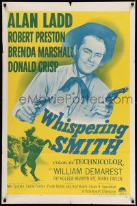 1y957 WHISPERING SMITH 1sh R56 close-up of cowboy Alan Ladd with two six-shooters!