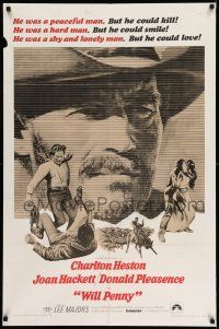 1y971 WILL PENNY 1sh '68 close up of cowboy Charlton Heston, Joan Hackett, Donald Pleasance