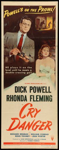 1z060 CRY DANGER insert '51 great film noir art of Dick Powell loading gun + sexy Rhonda Fleming!
