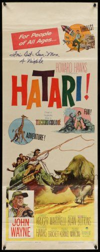 1z175 HATARI insert '62 Howard Hawks, artwork of John Wayne rounding up rhino in Africa!