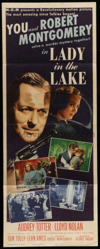 1z228 LADY IN THE LAKE insert '47 art of Robert Montgomery pointing gun + Audrey Totter!