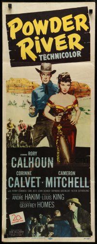 1z338 POWDER RIVER insert '53 art of cowboy Rory Calhoun & super sexy Corinne Calvet holding gun!