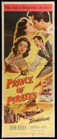 1z340 PRINCE OF PIRATES insert '53 great full-length art of John Derek w/sword & sexy Barbara Rush!