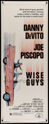 1z518 WISE GUYS insert '86 wacky image of Danny DeVito & Joe Piscopo in pink Cadillac!