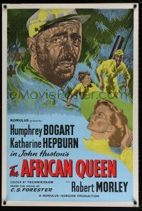 2b561 AFRICAN QUEEN English 1sh R50s cool art montage of Humphrey Bogart & Katharine Hepburn!