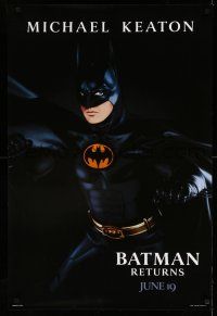 2c095 BATMAN RETURNS teaser 1sh '92 Burton, Michael Keaton as caped crusader, cool dated design!