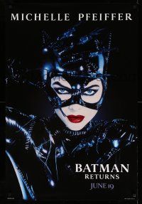 2c096 BATMAN RETURNS teaser 1sh '92 Burton, sexy Michelle Pfeiffer as Catwoman, cool dated design!