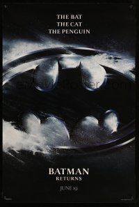2c094 BATMAN RETURNS teaser 1sh '92 Burton, Keaton, The Bat, The Cat, The Penguin, cool logo design