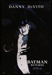 2c092 BATMAN RETURNS teaser 1sh '92 Burton, close-up of Danny DeVito as the Penguin, dated design!