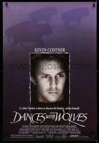 2c189 DANCES WITH WOLVES 1sh '90 close portrait of Kevin Costner & running buffalo!
