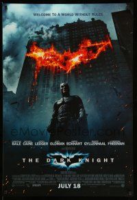 2c192 DARK KNIGHT DS int'l advance 1sh '08 Christian Bale as Batman in front of flaming building!