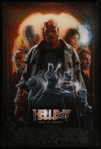2c351 HELLBOY advance 1sh '04 Ron Perlman, Guillermo del Toro, art of cast by Drew!