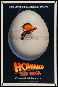 2c381 HOWARD THE DUCK teaser 1sh '86 George Lucas, great art of hatching egg with cigar in mouth!