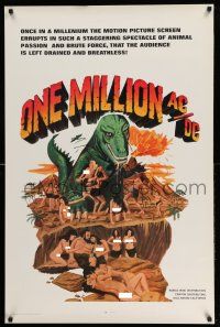 2c586 ONE MILLION AC/DC 1sh 69 wacky artwork of T-Rex attacking naked cave women & cavemen!
