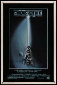 2c642 RETURN OF THE JEDI 1sh '83 George Lucas, art of hands holding lightsaber by Tim Reamer!