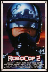 2c653 ROBOCOP 2 DS 1sh '90 great close up of cyborg policeman Peter Weller, sci-fi sequel!