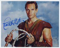 2d0716 CHARLTON HESTON signed color 8x10 REPRO still '90 great portrait holding whip from Ben-Hur!