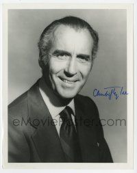 2d0992 CHRISTOPHER LEE signed 8x10 REPRO still '80s smiling portrait of the English horror legend!