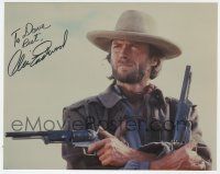 2d0722 CLINT EASTWOOD signed color 8x10 REPRO still '90s cool cowboy close up with two guns!