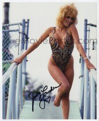 2d0800 JUDY LANDERS signed color 8x10 REPRO still '90s the sexy blonde in tiger stripe swimsuit!