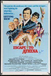 2d0247 ESCAPE TO ATHENA signed 1sh '79 by Roger Moore, cool spy montage art by Joseph Smith!