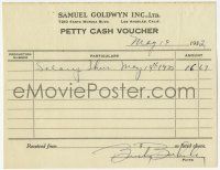 2d0428 BUSBY BERKELEY signed 4x6 petty cash voucher '32 he was paid $16.67 by Samuel Goldwyn!