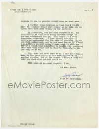 2d0012 DINO DE LAURENTIIS signed 9x11 letter '63 refusing to be coerced into hiring Huston's writer!