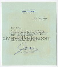 2d0015 JOAN CRAWFORD signed 6x7 letter '73 thanking a fan for remembering her birthday!