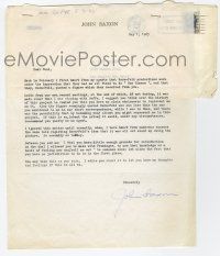 2d0018 JOHN SAXON signed 9x11 letter '63 angry with agent Paul Kohner about deal with Preminger!