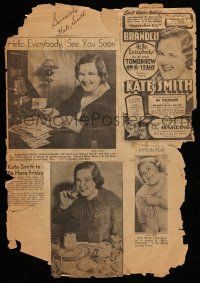 2d0352 KATE SMITH signed 10x15 scrapbook page '30s Songbird of the South, cool newspaper articles!