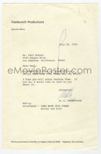 2d0019 M.J. FRANKOVICH signed 7x11 letter '74 asking Paul Kohner to read From Noon Till Three script