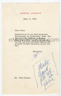 2d0021 ROBERT ALDRICH signed 5x8 letter '64 asking Paul Kohner to talk about Huston & Lylah Clare!