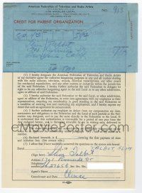2d0040 SLIM TALBOT signed 7x9 contract '53 joining American Federation of Television & Radio Artists