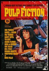2d0629 PULP FICTION signed 1sh '94 by Quentin Tarantino, c/u of sexy Uma Thurman smoking in bed!